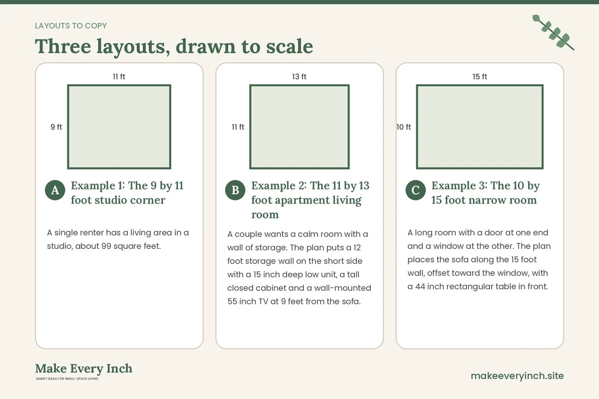 Three room layouts drawn to scale with dimensions and placement notes for: 15 Small Living Room Layout Ideas Minimalist Rooms Rely On