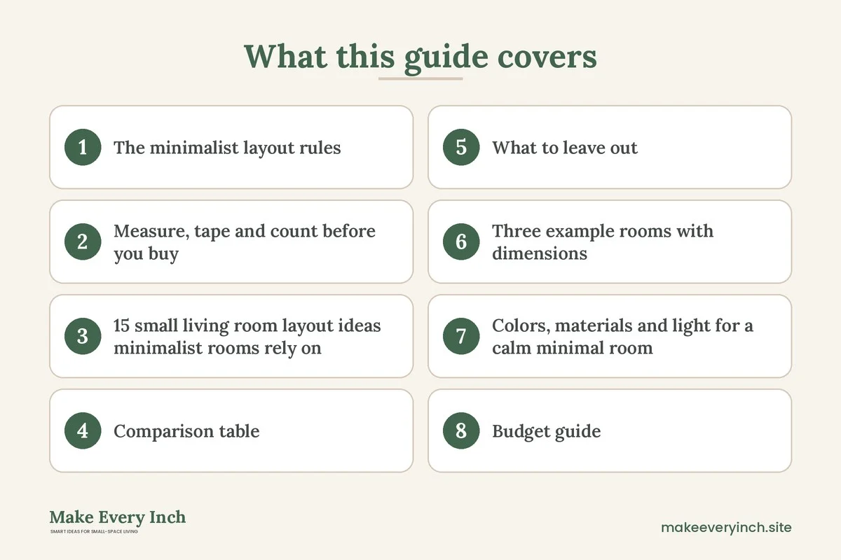 Graphic listing 8 topics covered in: 15 Small Living Room Layout Ideas Minimalist Rooms Rely On