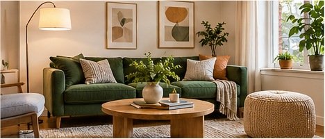 Small living room with a green sofa, round coffee table and a woven pouf that can move around as extra seating