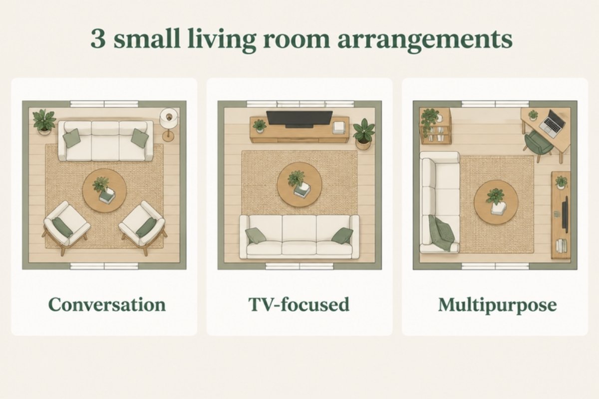 Three top-down small living room layouts compared: conversation, TV-focused and multipurpose