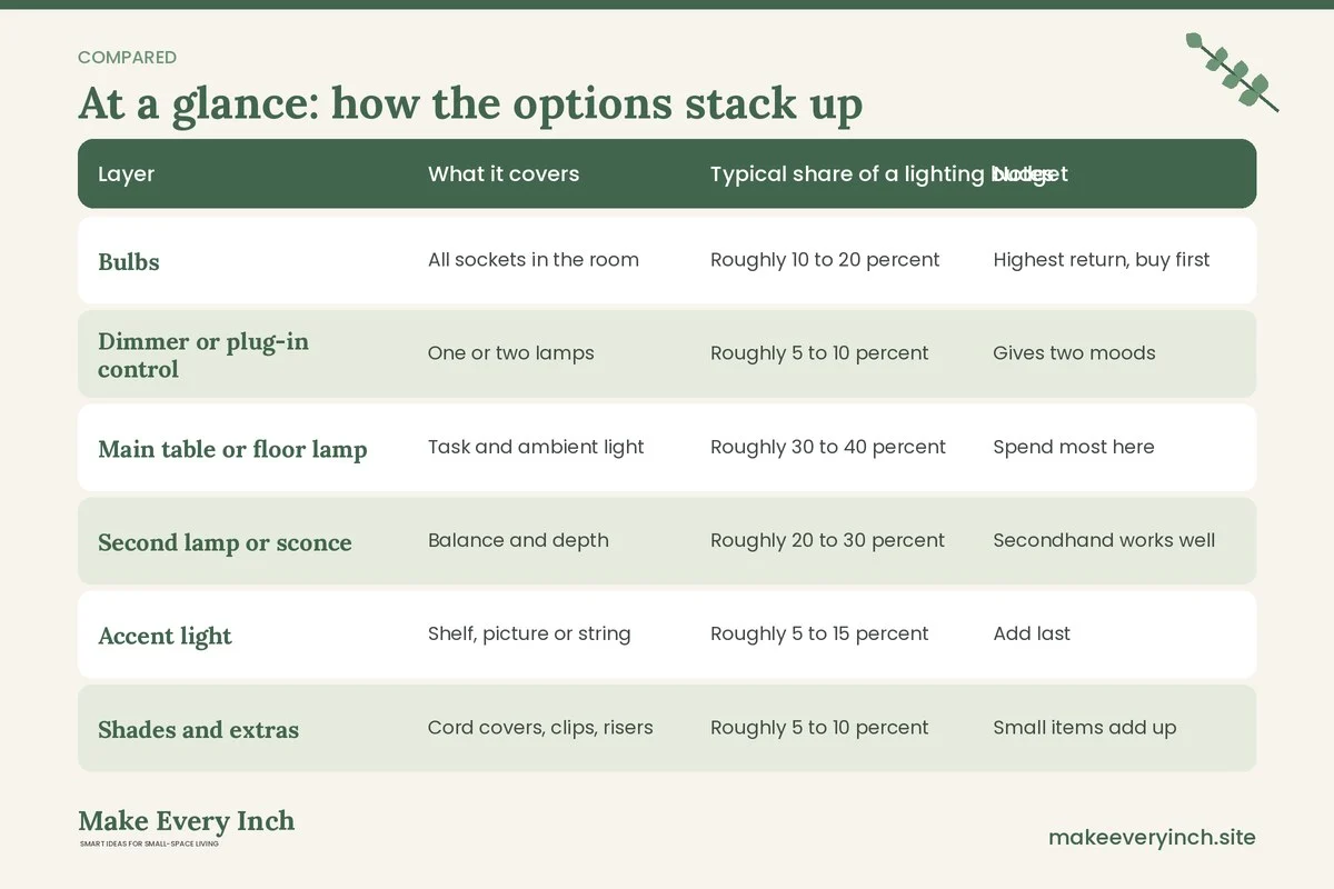 Comparison table of options for: 15 Small Living Room Lighting Ideas Budget Plans That Look Rich (Layer, What it covers, Typical share of a lighting budget, Notes)