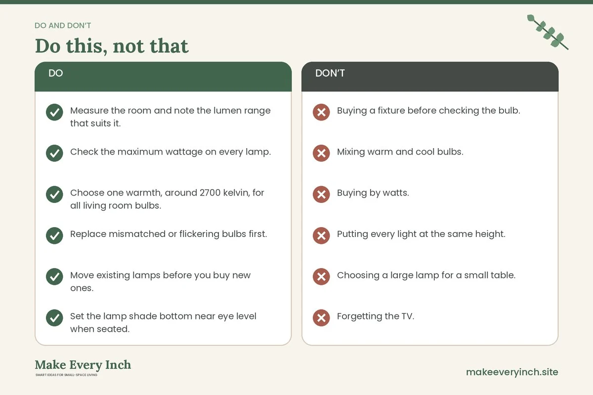 Do and don't checklist for: 15 Small Living Room Lighting Ideas Budget Plans That Look Rich