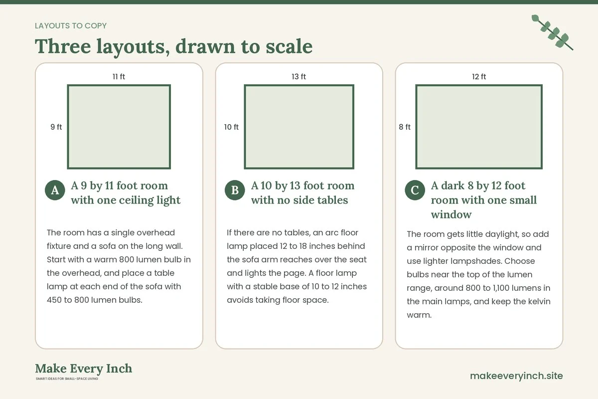 Three room layouts drawn to scale with dimensions and placement notes for: 15 Small Living Room Lighting Ideas Budget Plans That Look Rich