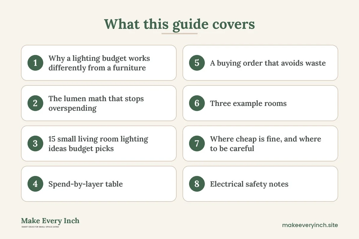Graphic listing 8 topics covered in: 15 Small Living Room Lighting Ideas Budget Plans That Look Rich