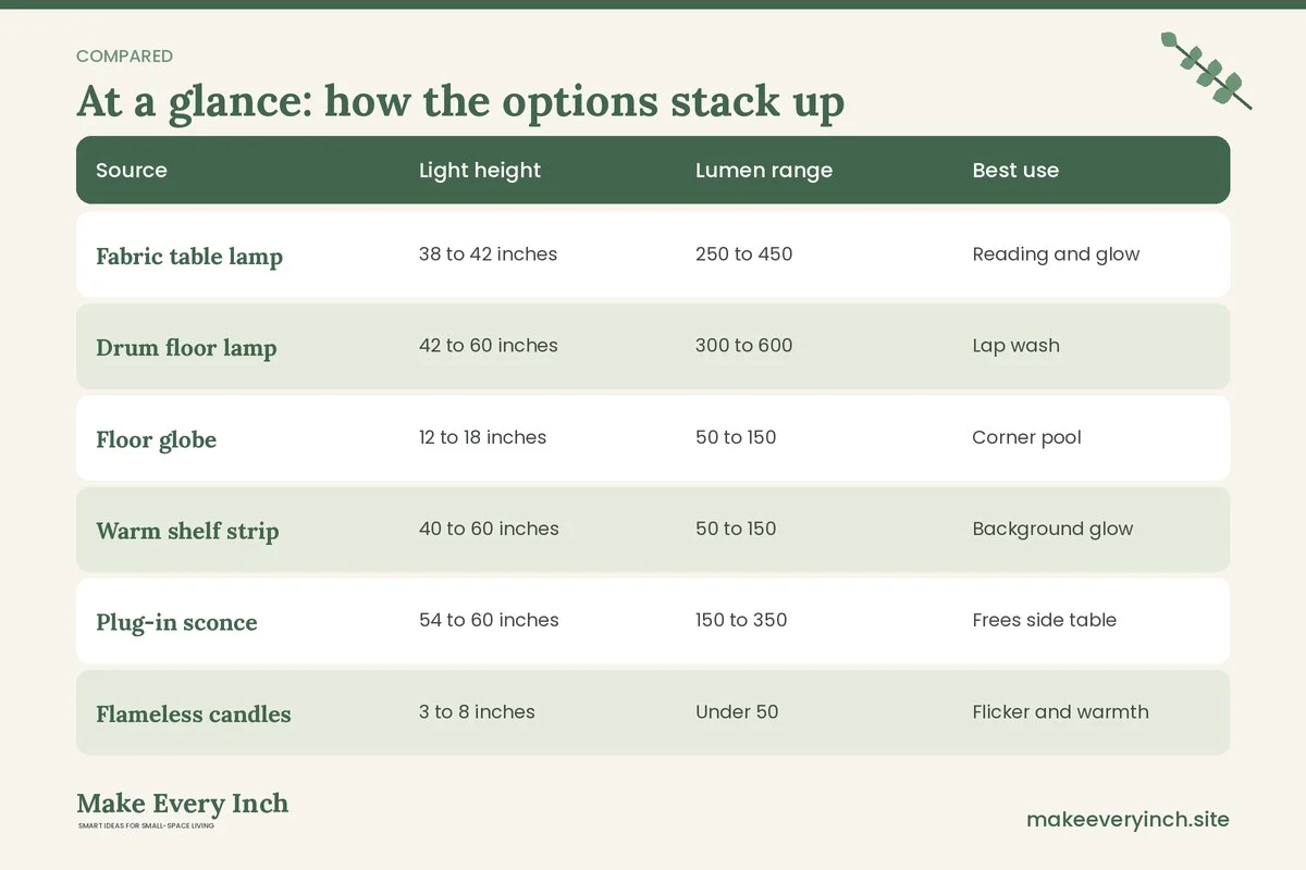 Comparison table of options for: 14 Small Living Room Lighting Ideas Cozy Enough for Slow Evenings (Source, Light height, Lumen range, Best use)