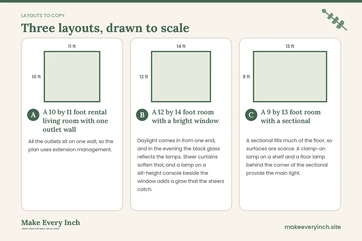 Three room layouts drawn to scale with dimensions and placement notes for: 14 Small Living Room Lighting Ideas Cozy Enough for Slow Evenings