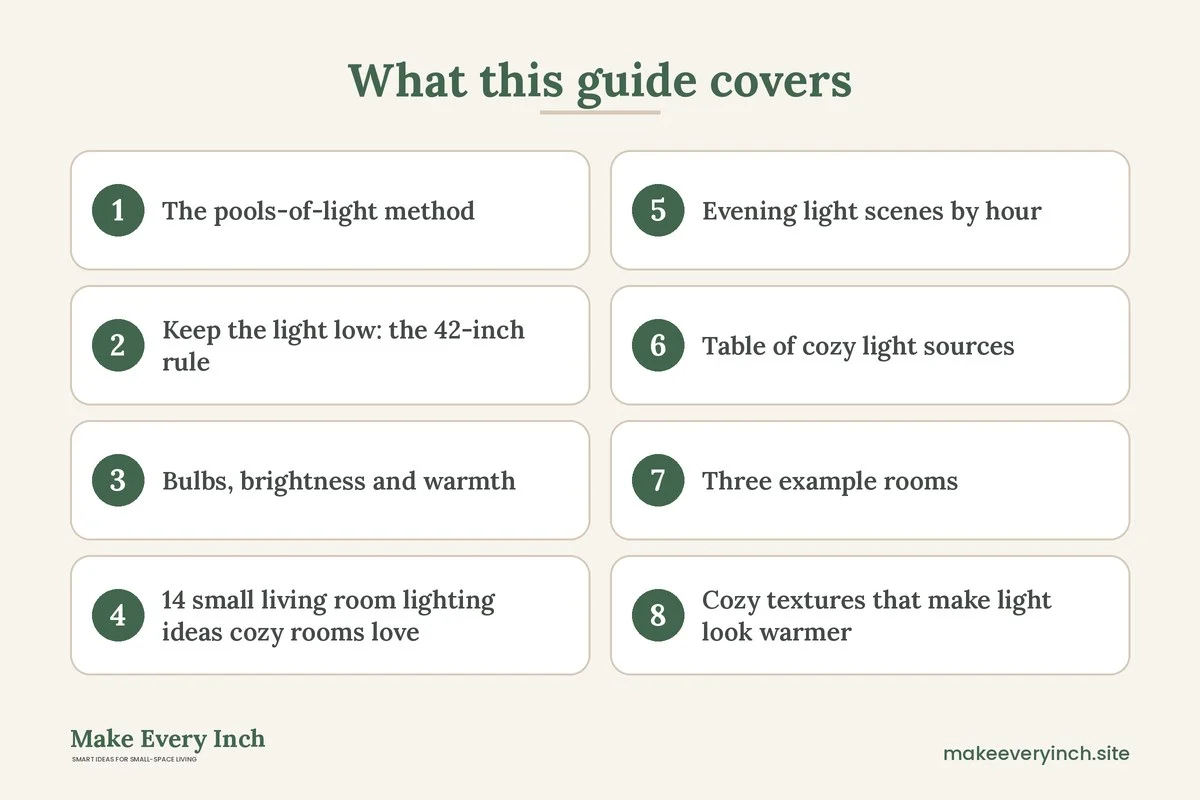 Graphic listing 8 topics covered in: 14 Small Living Room Lighting Ideas Cozy Enough for Slow Evenings