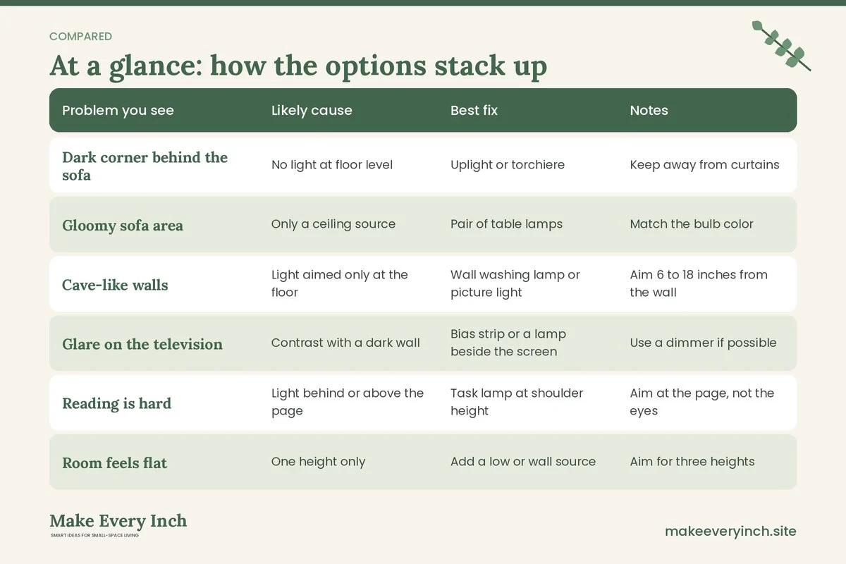 Comparison table of options for: 16 Small Living Room Lighting Ideas for a Brighter Space (Problem you see, Likely cause, Best fix, Notes)