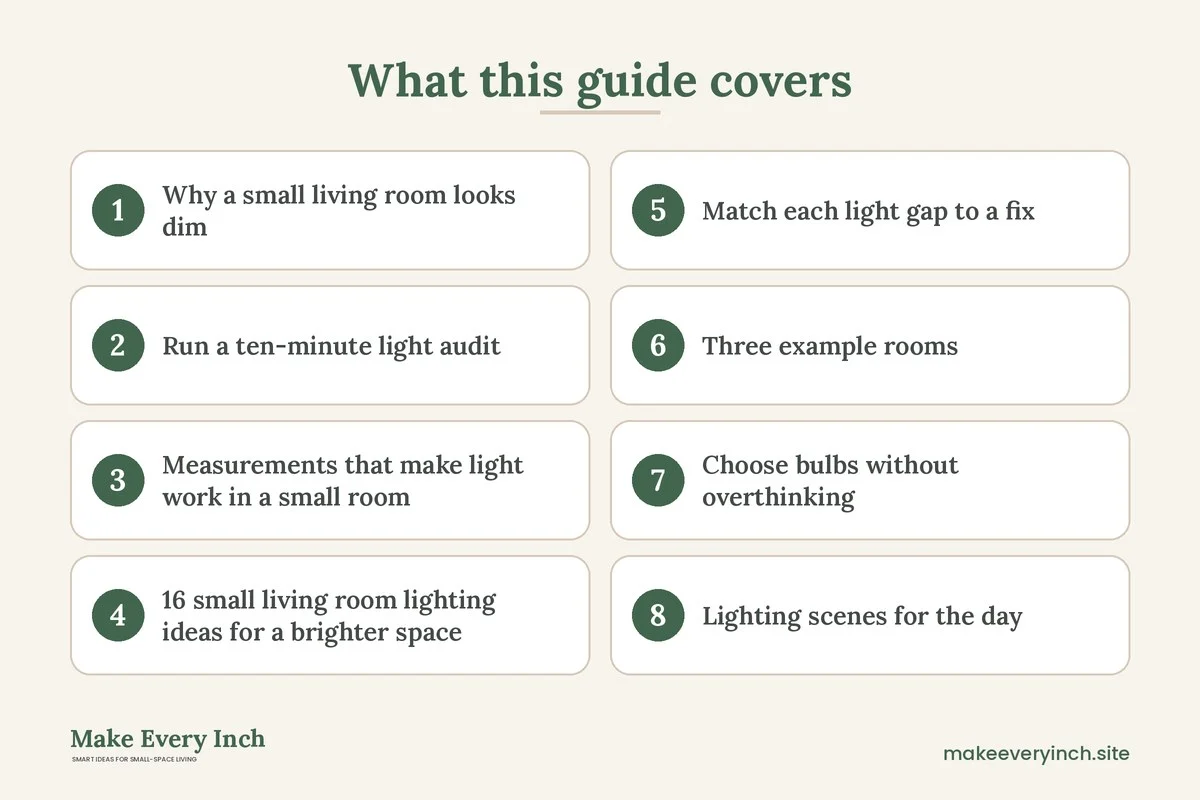Graphic listing 8 topics covered in: 16 Small Living Room Lighting Ideas for a Brighter Space