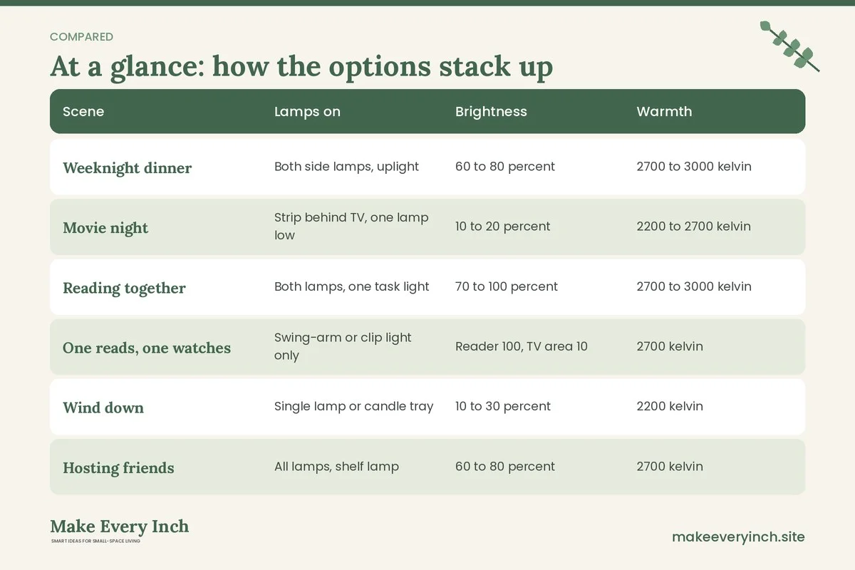 Comparison table of options for: 14 Small Living Room Lighting Ideas for Couples (Scene, Lamps on, Brightness, Warmth)