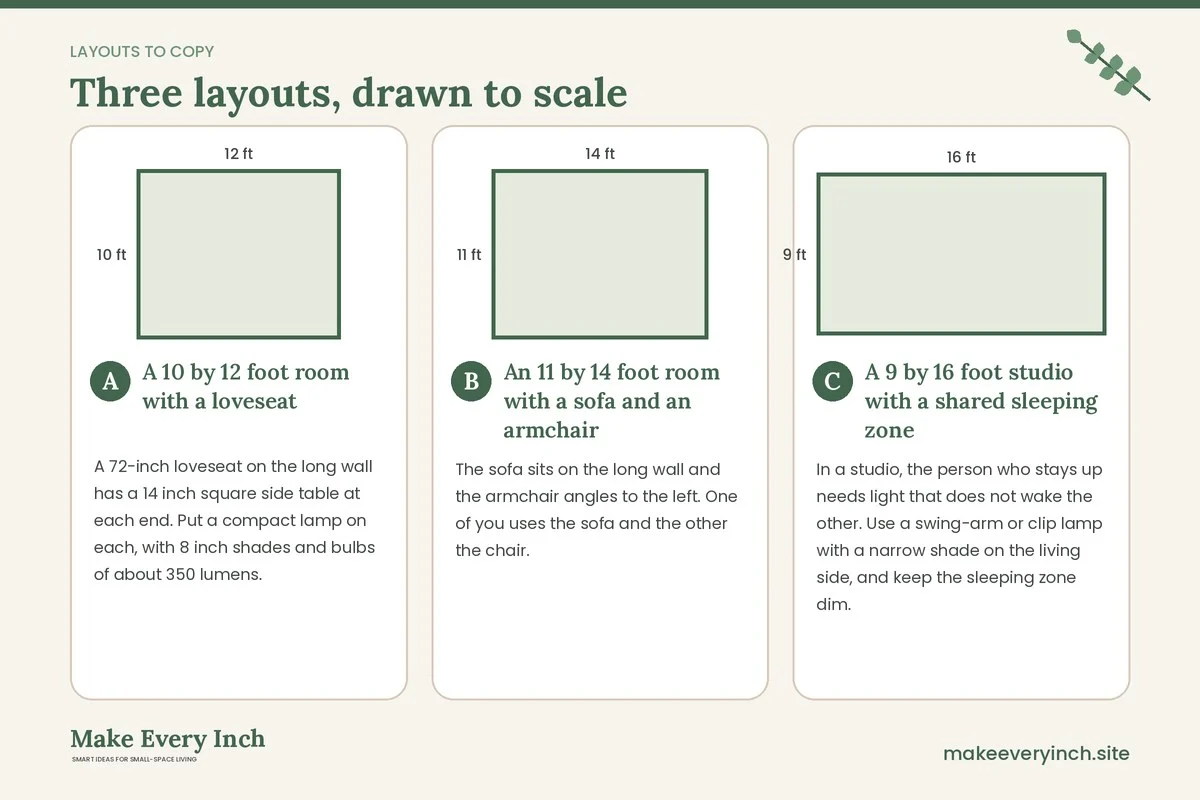 Three room layouts drawn to scale with dimensions and placement notes for: 14 Small Living Room Lighting Ideas for Couples