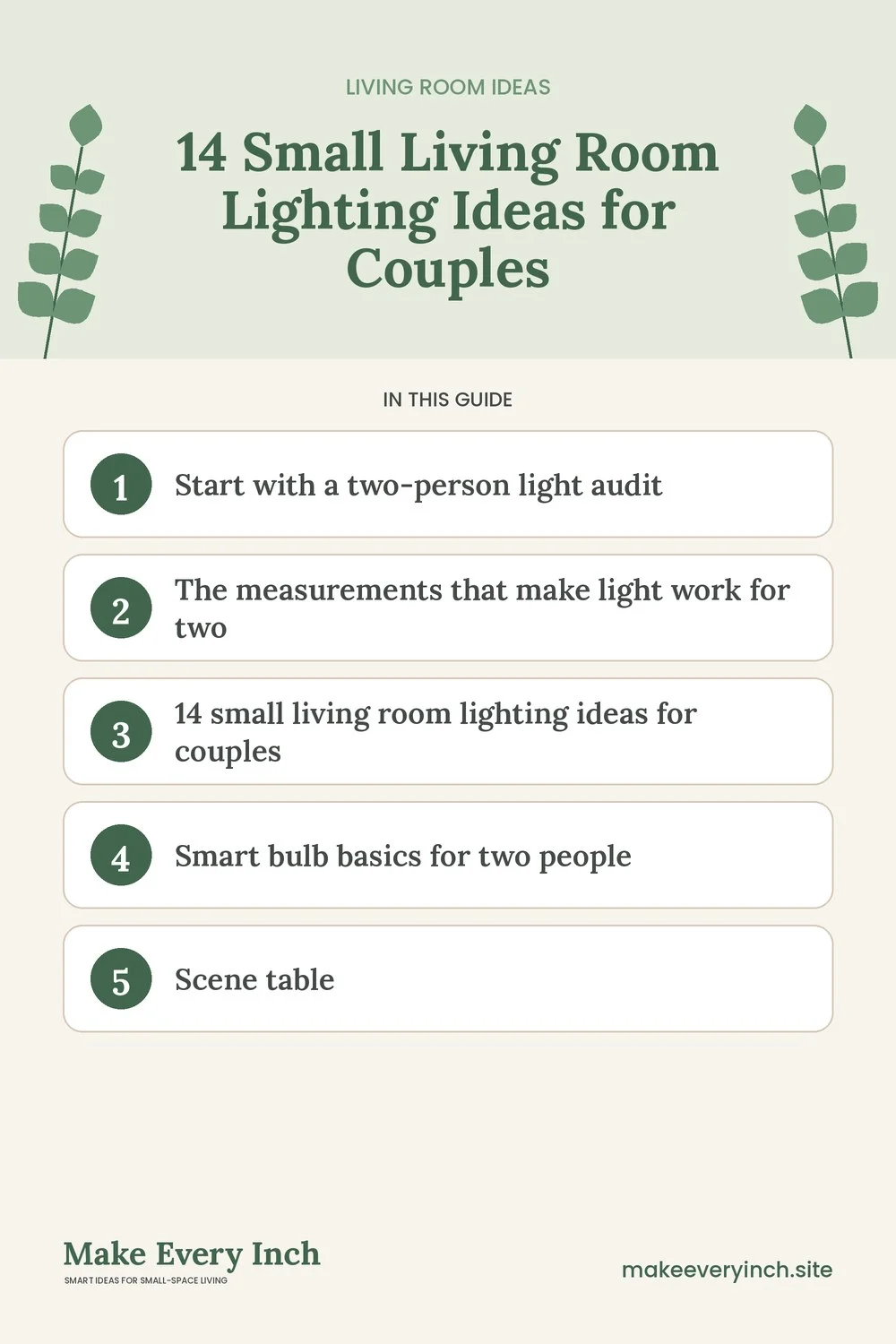 Pinterest pin listing the main topics in: 14 Small Living Room Lighting Ideas for Couples