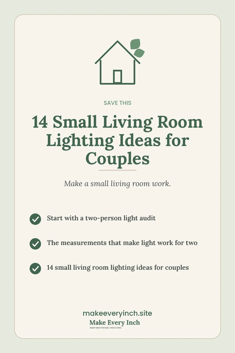 Save-this Pinterest pin with a short checklist for: 14 Small Living Room Lighting Ideas for Couples