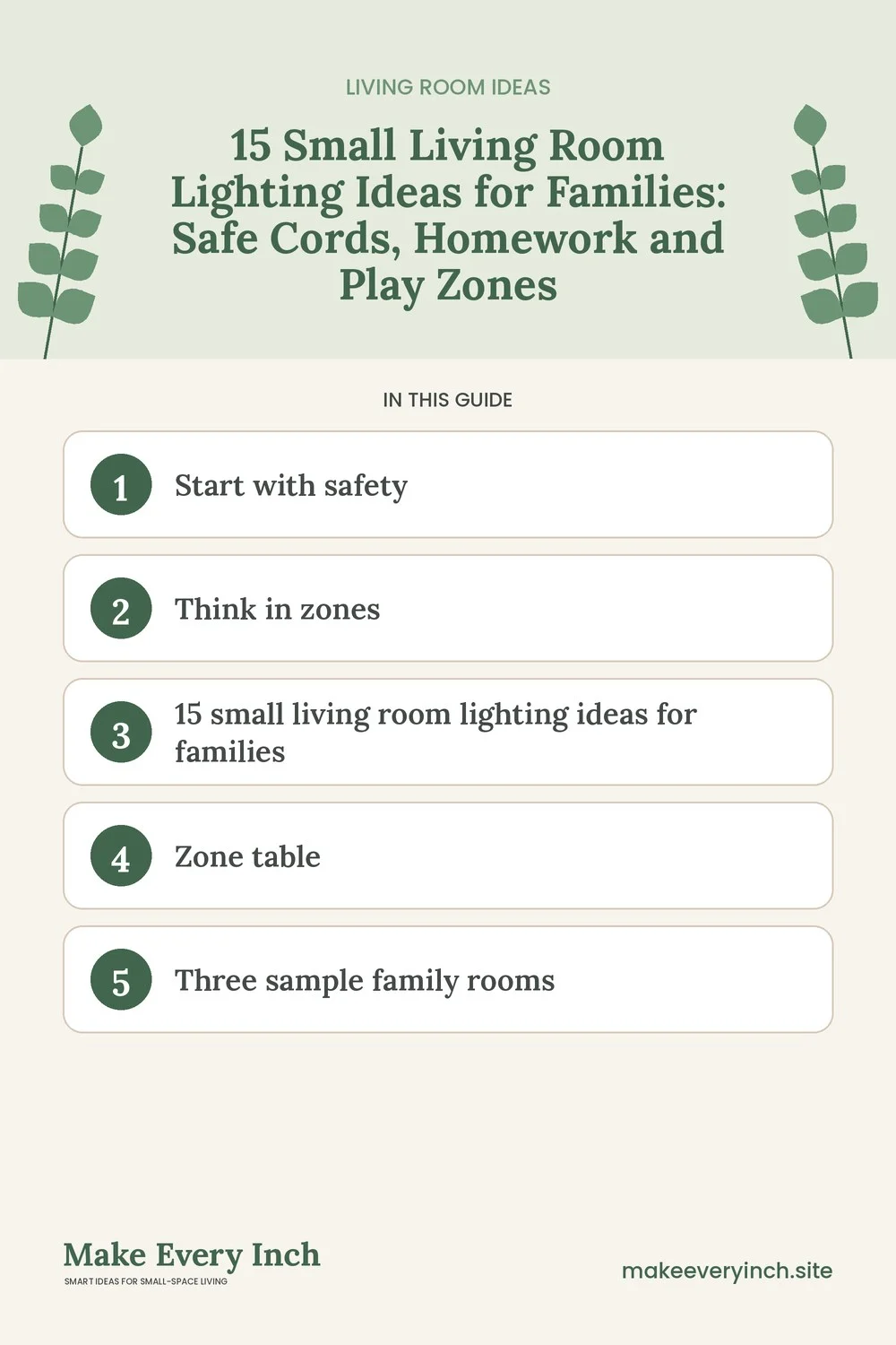 Pinterest pin listing the main topics in: 15 Small Living Room Lighting Ideas for Families