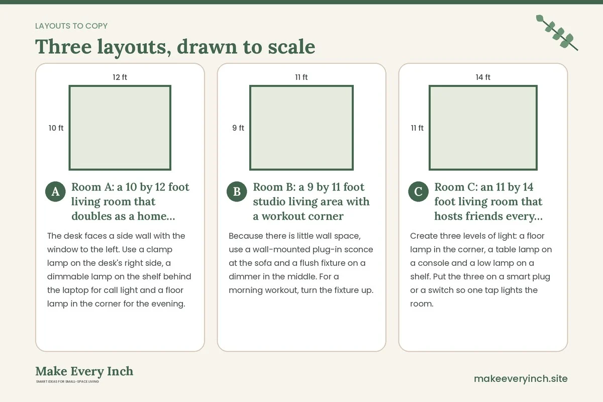 Three room layouts drawn to scale with dimensions and placement notes for: 14 Small Living Room Lighting Ideas for Women