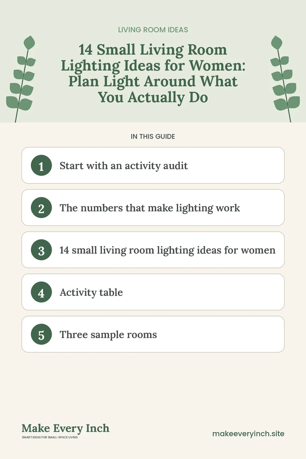 Pinterest pin listing the main topics in: 14 Small Living Room Lighting Ideas for Women