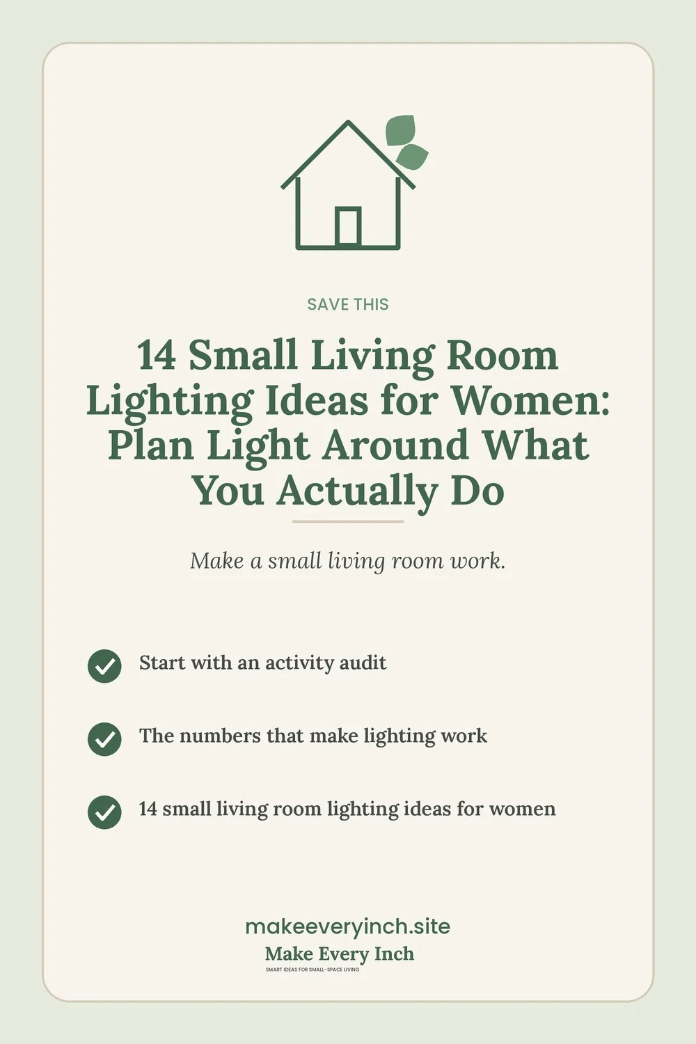 Save-this Pinterest pin with a short checklist for: 14 Small Living Room Lighting Ideas for Women