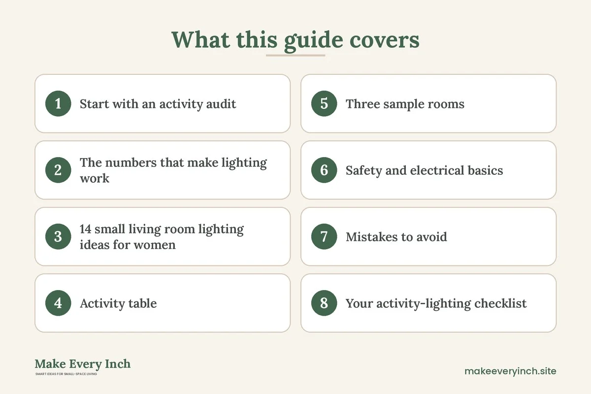 Graphic listing 8 topics covered in: 14 Small Living Room Lighting Ideas for Women