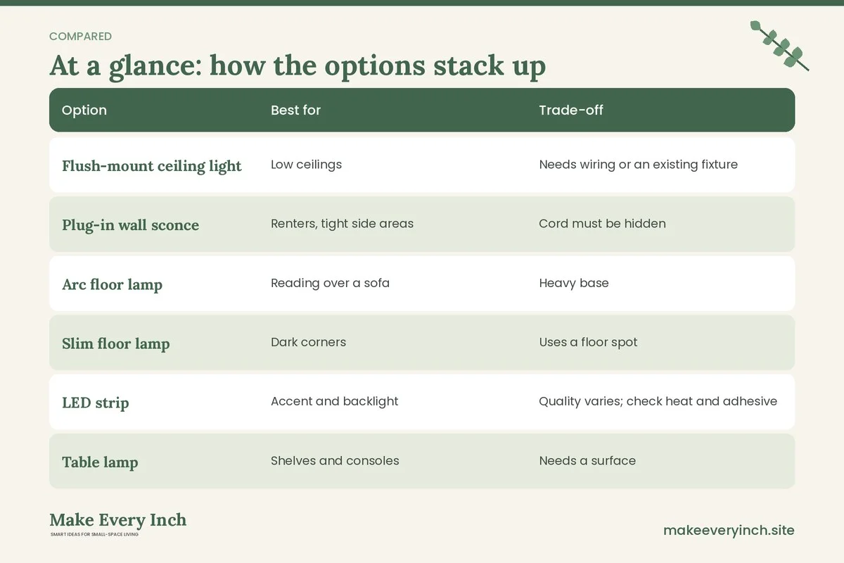 Comparison table of options for: Small Living Room Lighting Ideas (Option, Best for, Trade-off)