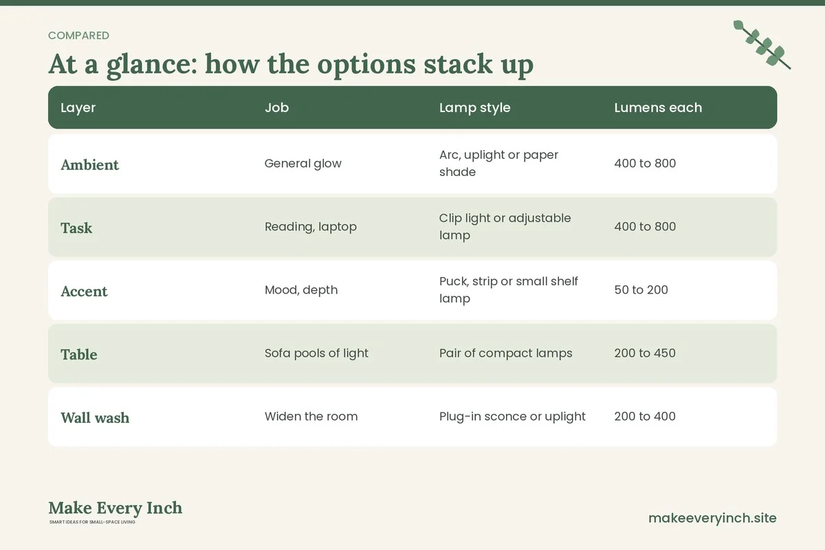 Comparison table of options for: 15 Small Living Room Lighting Ideas IKEA-Style Shoppers Can Copy (Layer, Job, Lamp style, Lumens each)