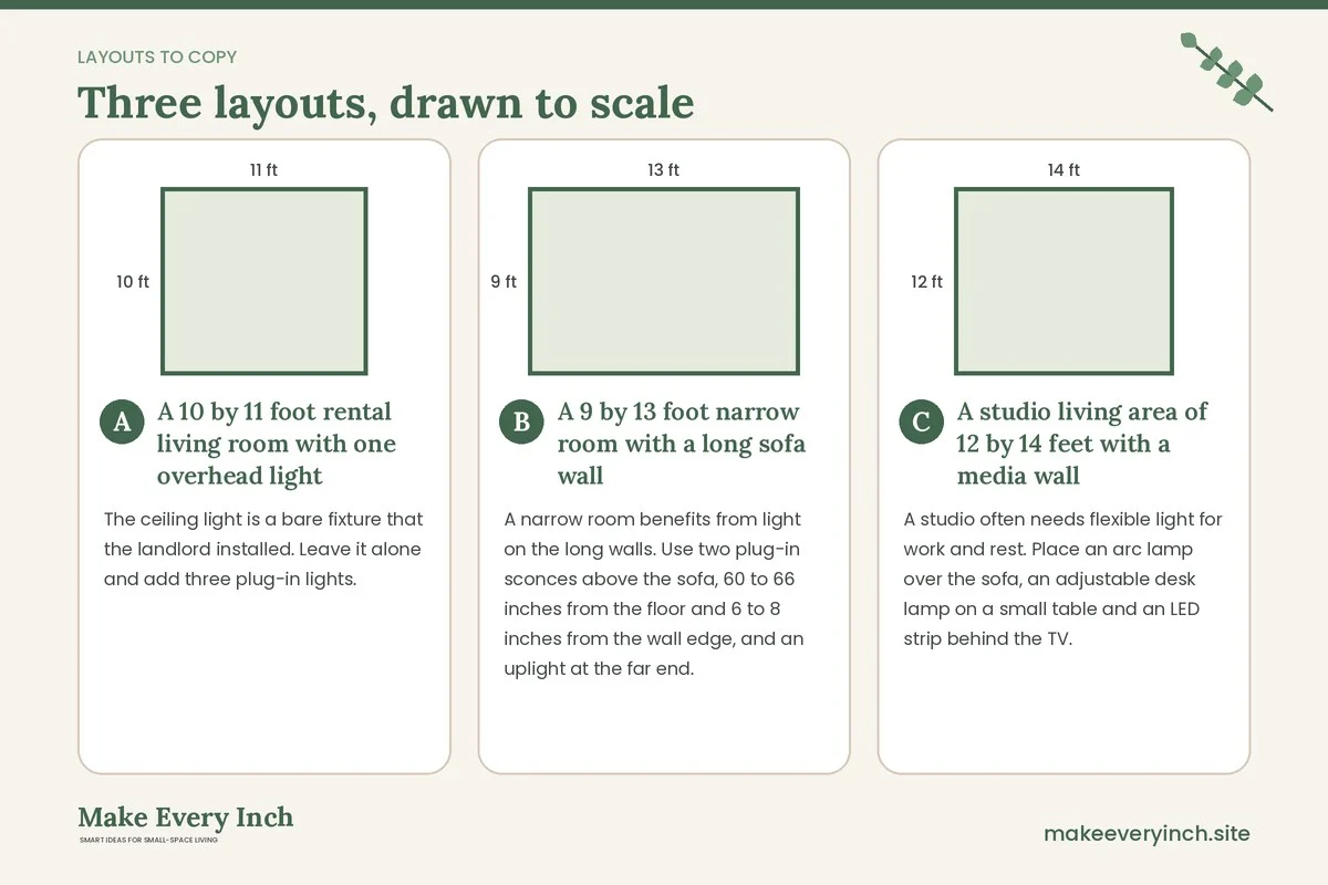 Three room layouts drawn to scale with dimensions and placement notes for: 15 Small Living Room Lighting Ideas IKEA-Style Shoppers Can Copy
