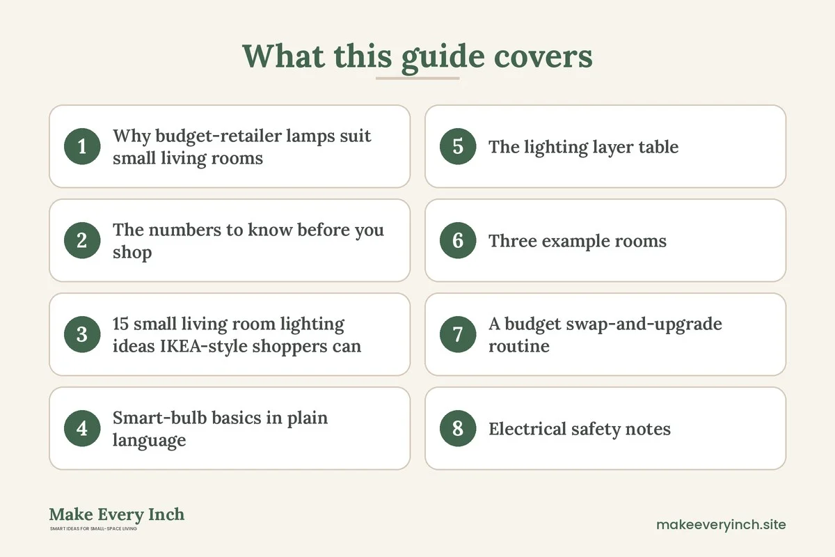 Graphic listing 8 topics covered in: 15 Small Living Room Lighting Ideas IKEA-Style Shoppers Can Copy