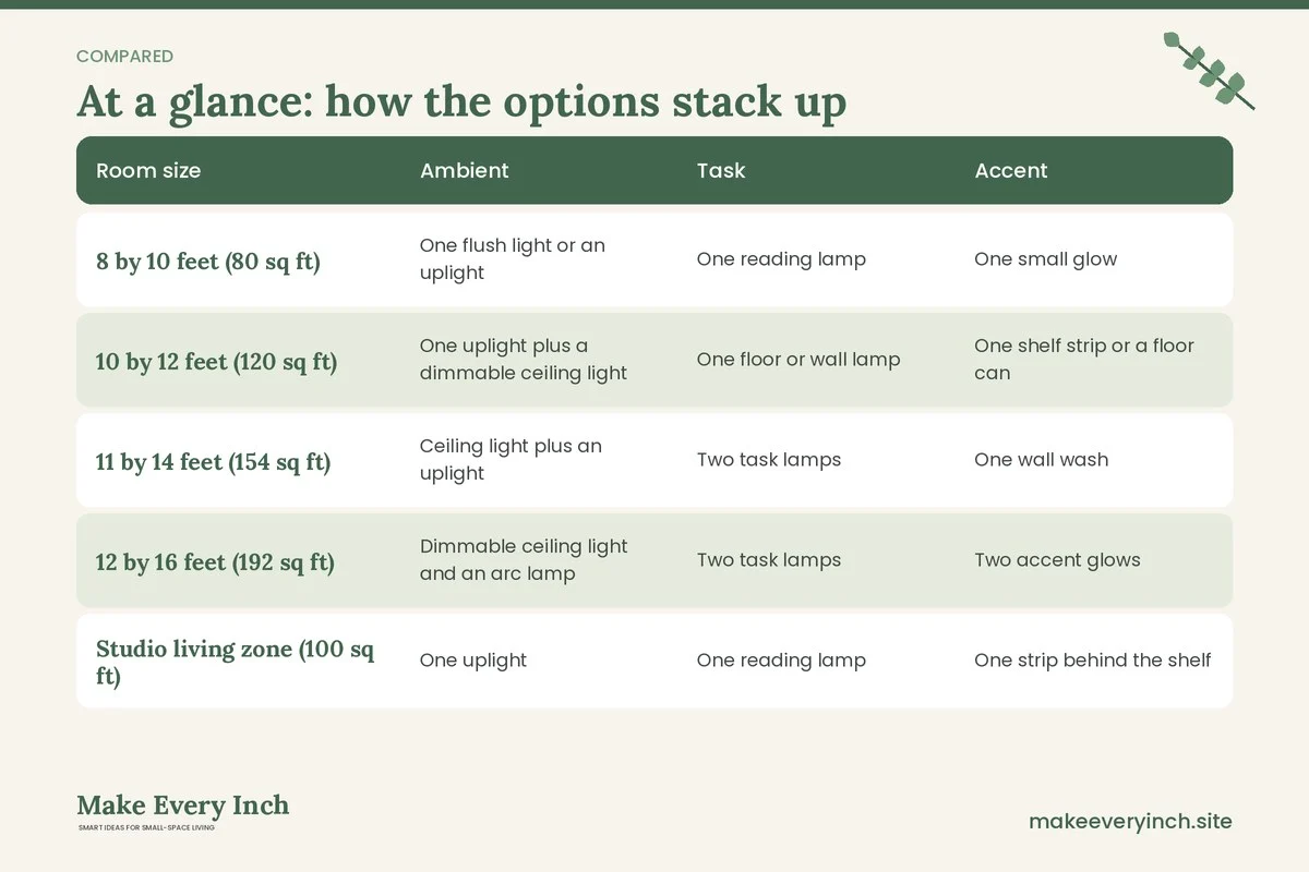 Comparison table of options for: 15 Small Living Room Lighting Ideas Minimalist Style (Room size, Ambient, Task, Accent)