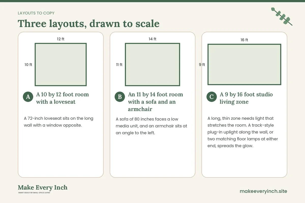 Three room layouts drawn to scale with dimensions and placement notes for: 15 Small Living Room Lighting Ideas Minimalist Style