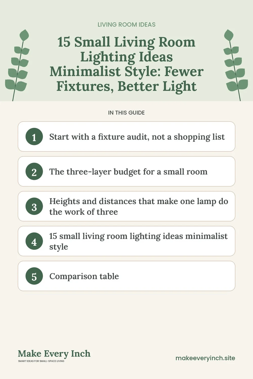 Pinterest pin listing the main topics in: 15 Small Living Room Lighting Ideas Minimalist Style