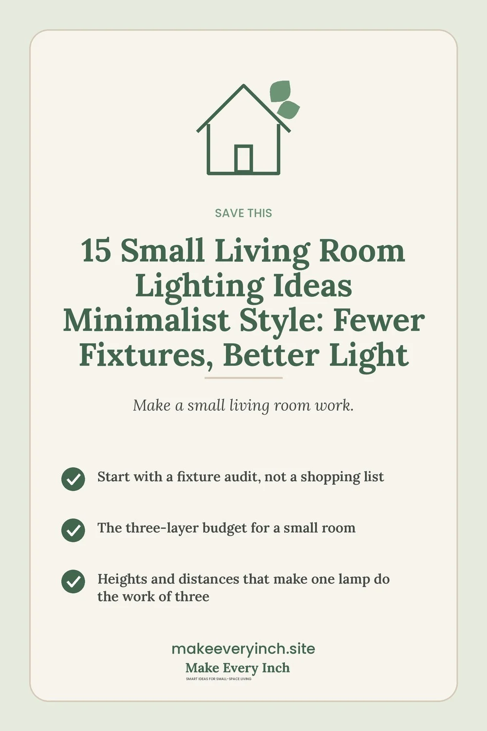 Save-this Pinterest pin with a short checklist for: 15 Small Living Room Lighting Ideas Minimalist Style