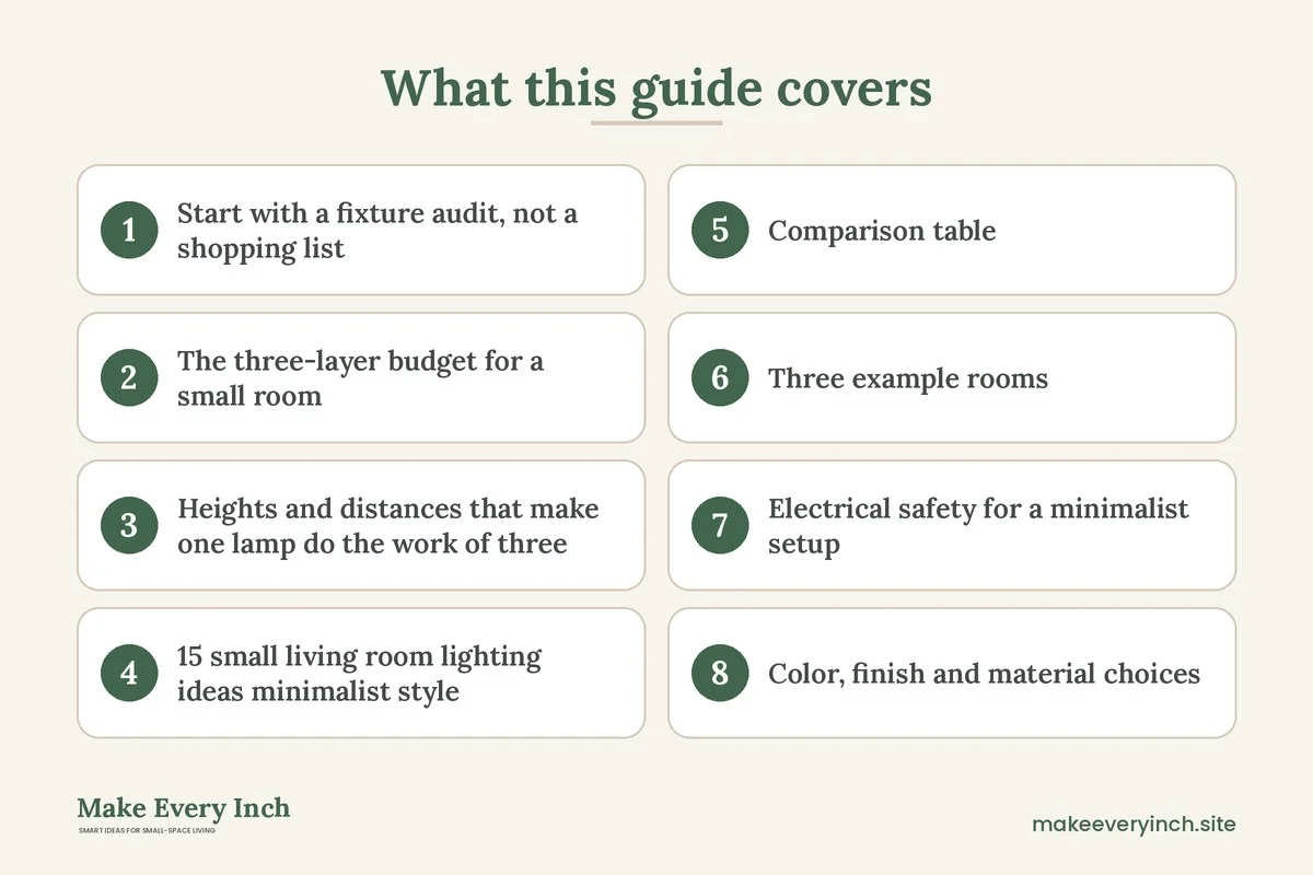 Graphic listing 8 topics covered in: 15 Small Living Room Lighting Ideas Minimalist Style