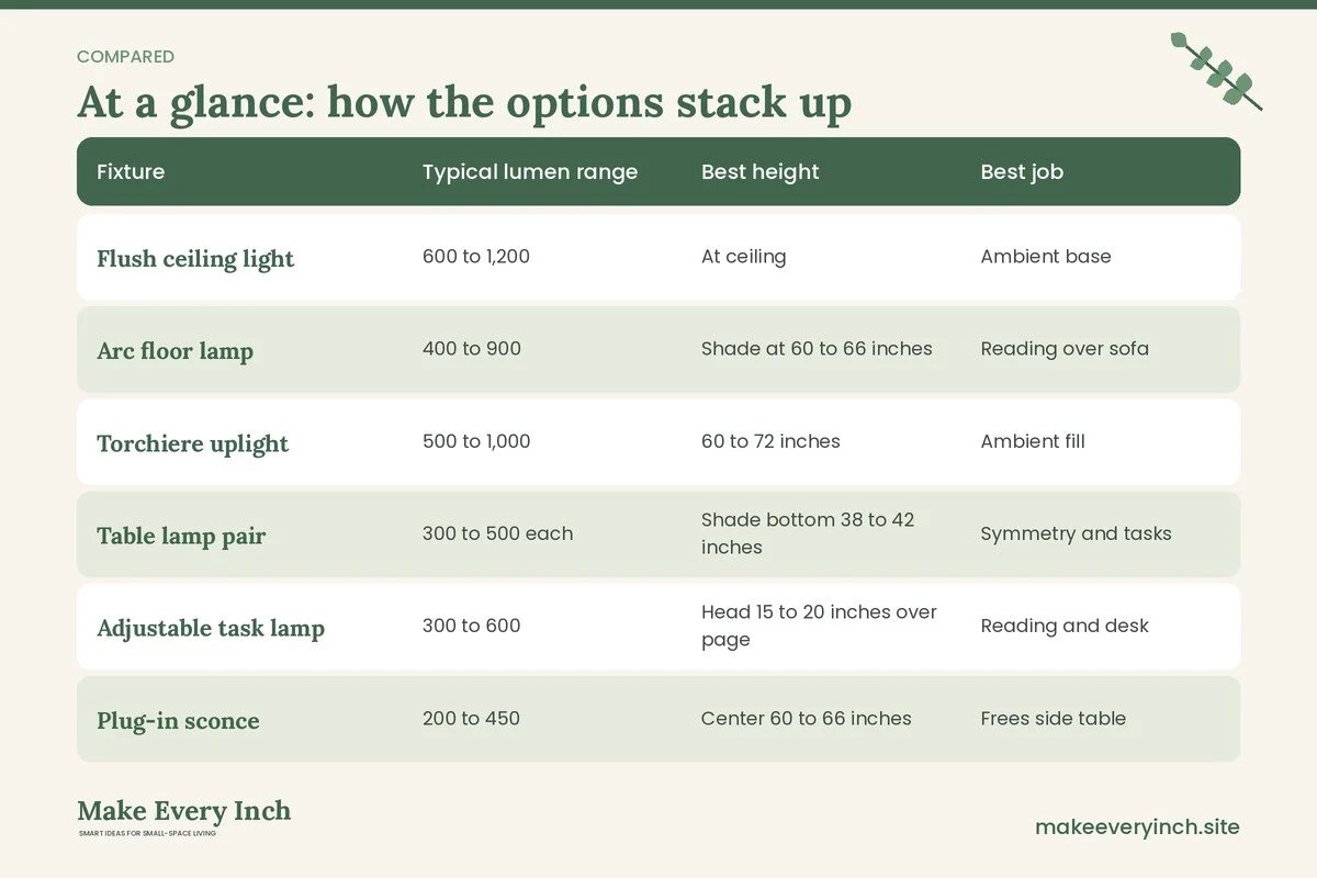 Comparison table of options for: 13 Small Living Room Lighting Ideas Modern Rooms Can Use Tonight (Fixture, Typical lumen range, Best height, Best job)