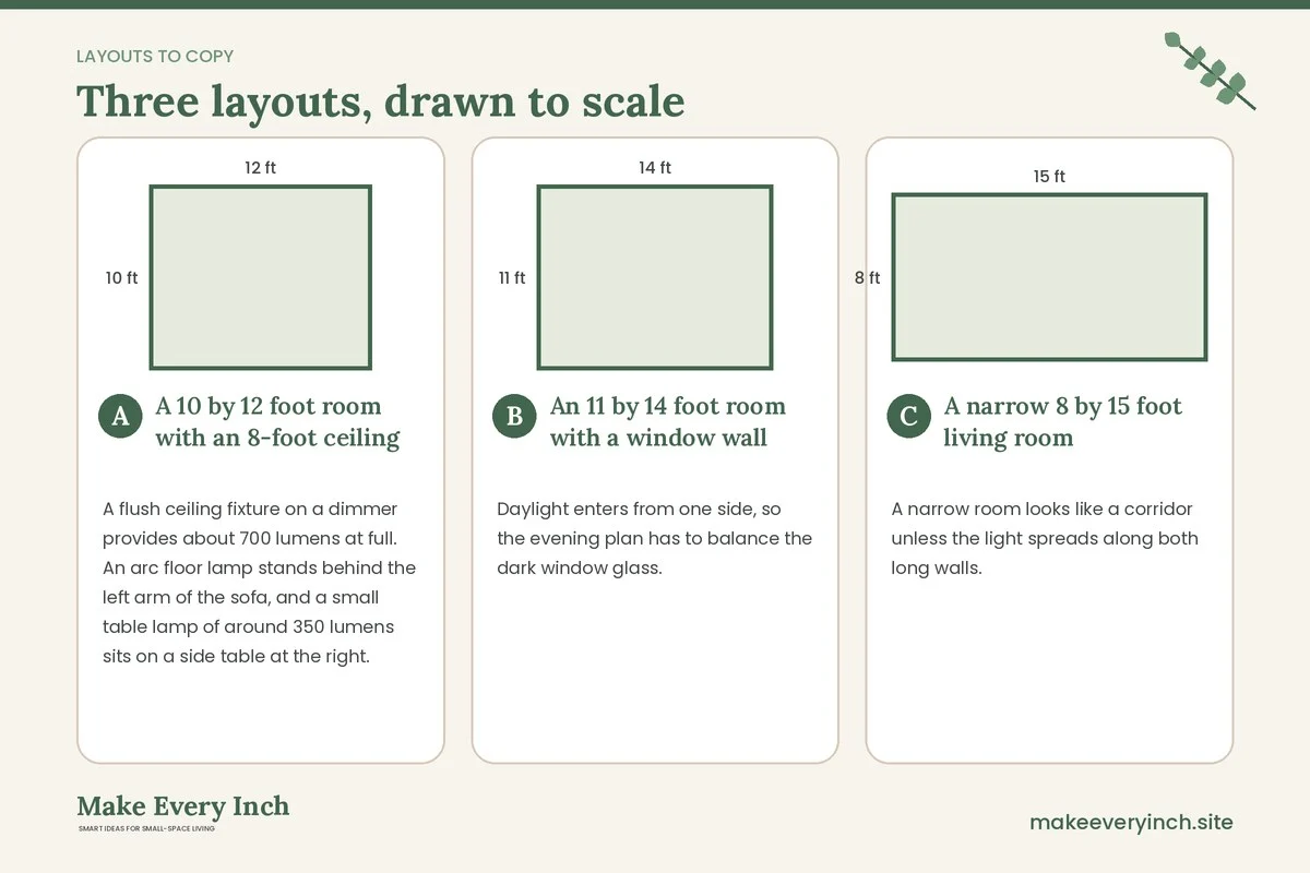 Three room layouts drawn to scale with dimensions and placement notes for: 13 Small Living Room Lighting Ideas Modern Rooms Can Use Tonight