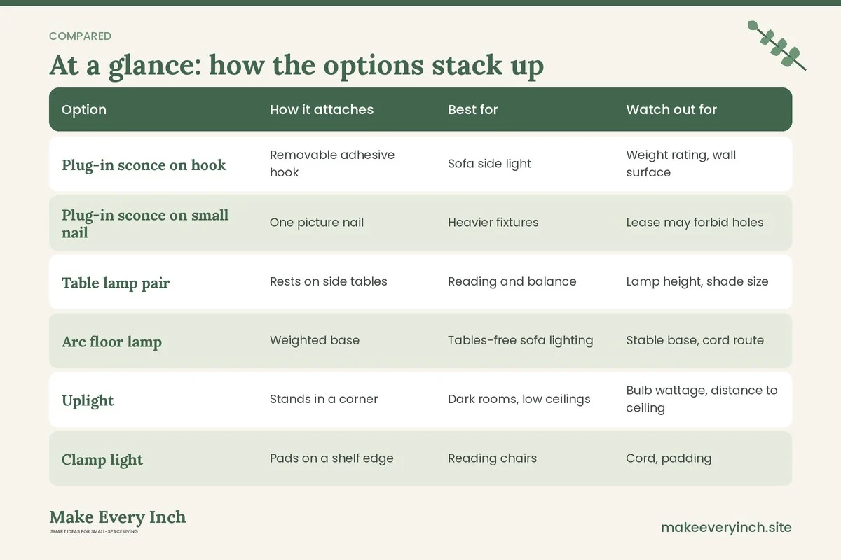 Comparison table of options for: 16 Small Living Room Lighting Ideas Renter Friendly Plans With No Drilling (Option, How it attaches, Best for, Watch out for)