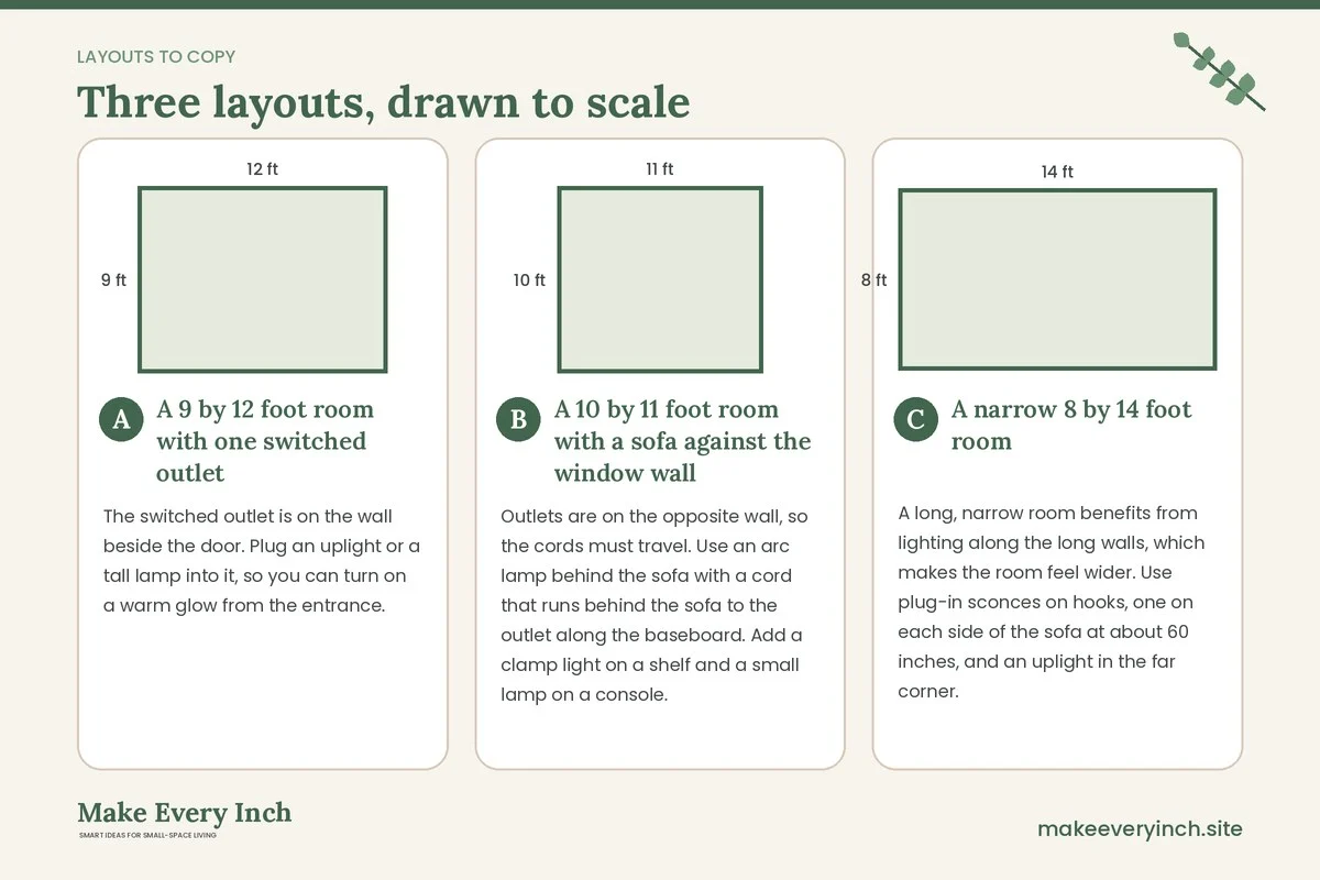 Three room layouts drawn to scale with dimensions and placement notes for: 16 Small Living Room Lighting Ideas Renter Friendly Plans With No Drilling