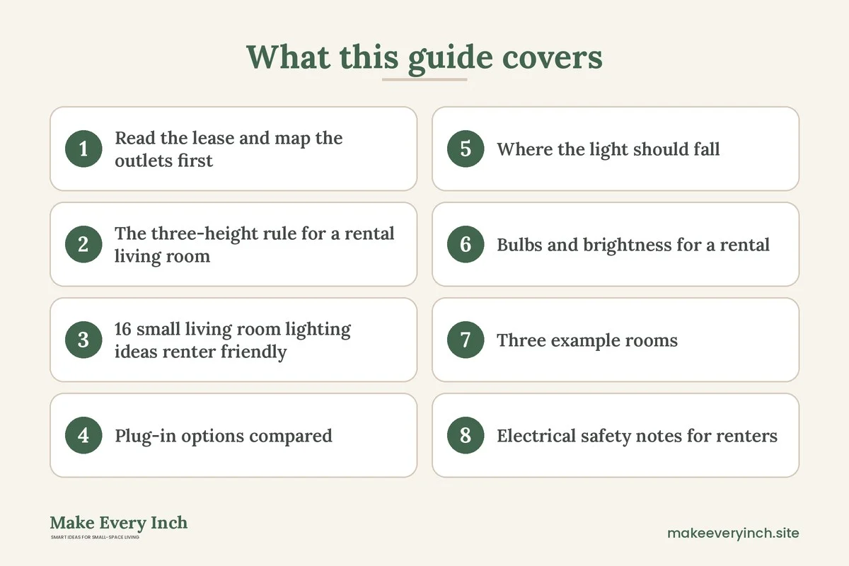Graphic listing 8 topics covered in: 16 Small Living Room Lighting Ideas Renter Friendly Plans With No Drilling