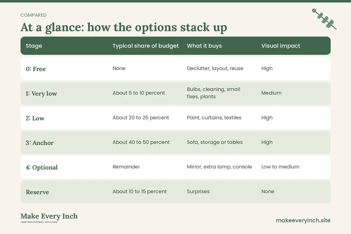 Comparison table of options for: Small Living Room Makeover Ideas Budget Plan (Stage, Typical share of budget, What it buys, Visual impact)