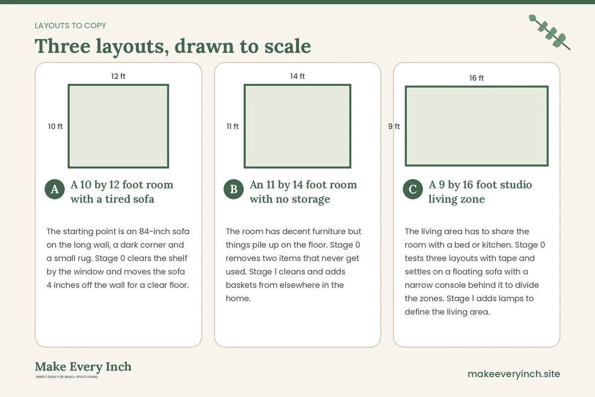 Three room layouts drawn to scale with dimensions and placement notes for: Small Living Room Makeover Ideas Budget Plan