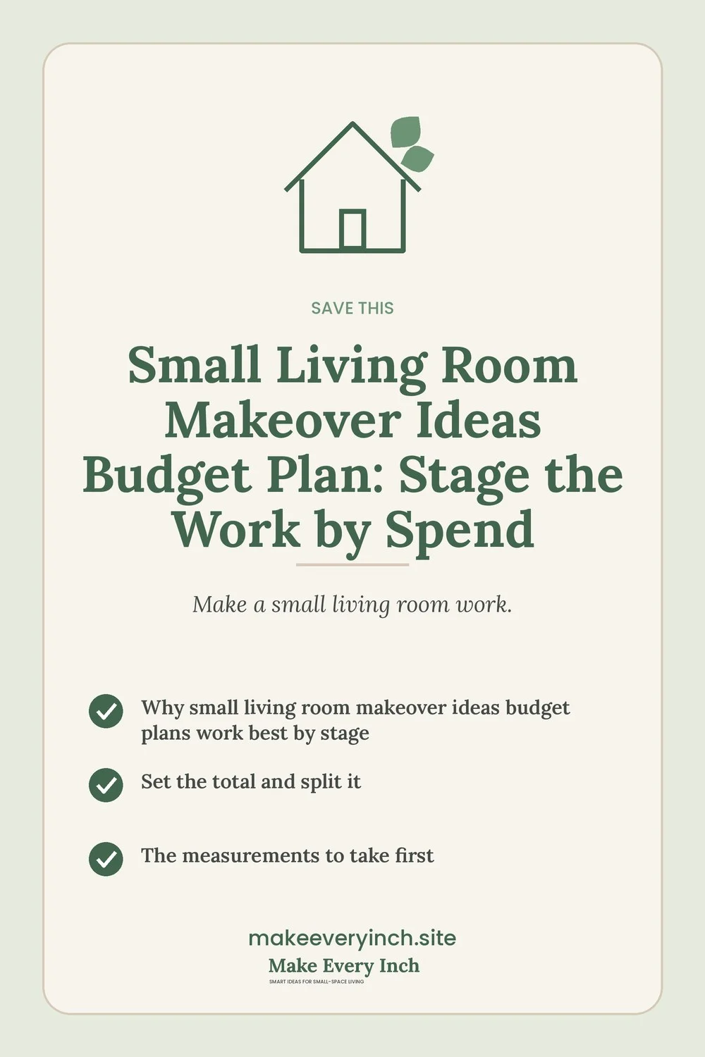 Save-this Pinterest pin with a short checklist for: Small Living Room Makeover Ideas Budget Plan