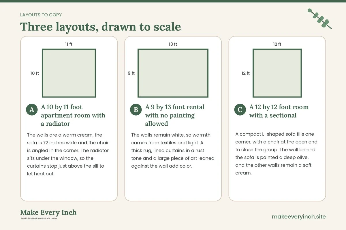 Three room layouts drawn to scale with dimensions and placement notes for: Small Living Room Makeover Ideas Cozy
