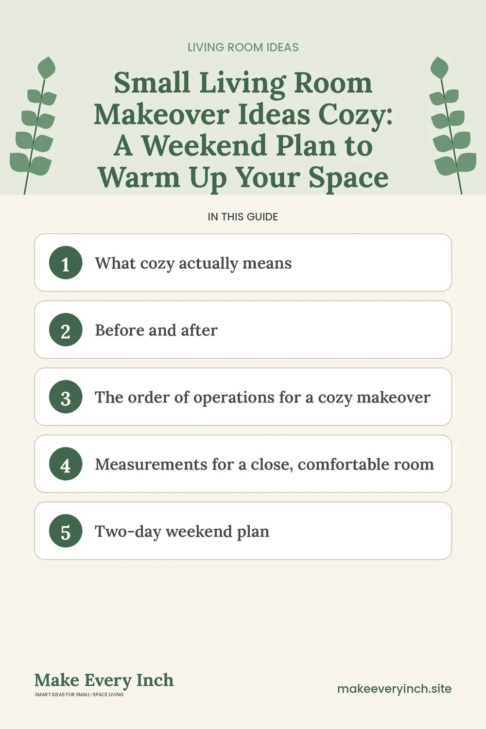 Pinterest pin listing the main topics in: Small Living Room Makeover Ideas Cozy