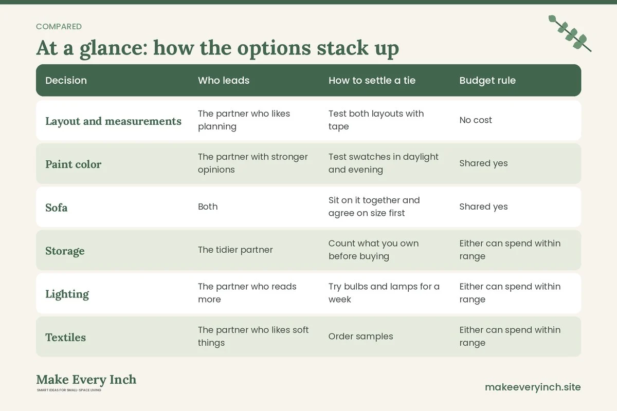 Comparison table of options for: Small Living Room Makeover Ideas for Couples (Decision, Who leads, How to settle a tie, Budget rule)
