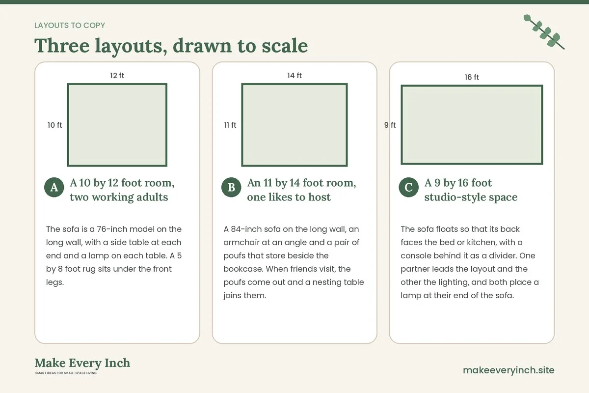 Three room layouts drawn to scale with dimensions and placement notes for: Small Living Room Makeover Ideas for Couples