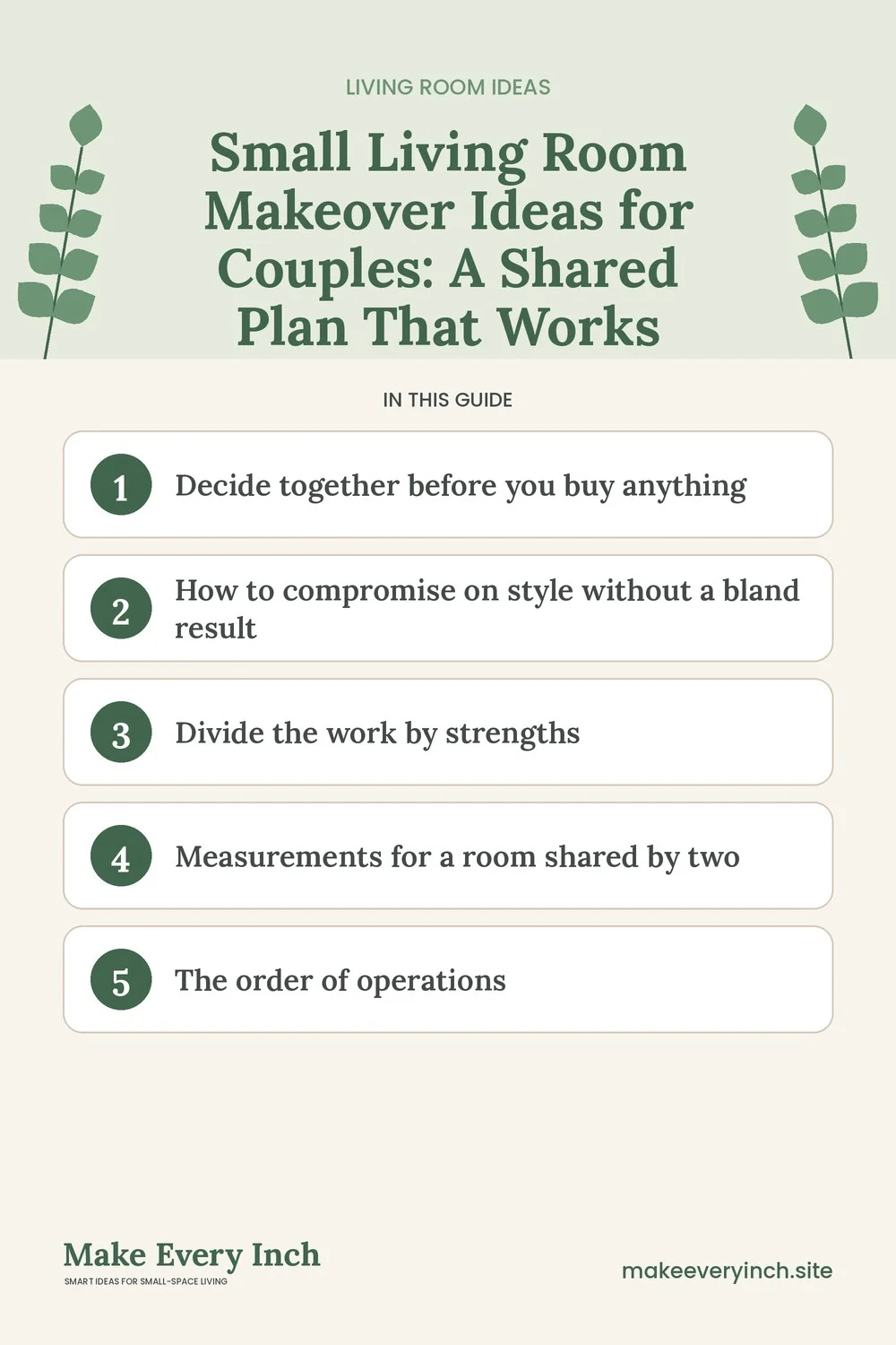 Pinterest pin listing the main topics in: Small Living Room Makeover Ideas for Couples