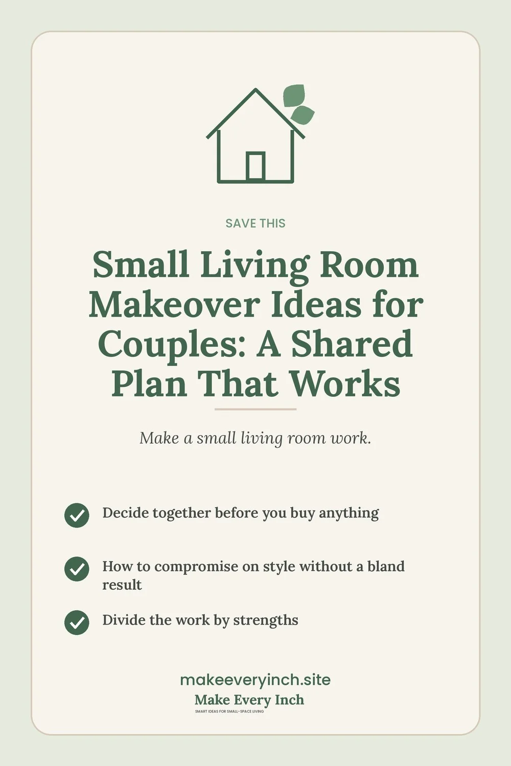 Save-this Pinterest pin with a short checklist for: Small Living Room Makeover Ideas for Couples