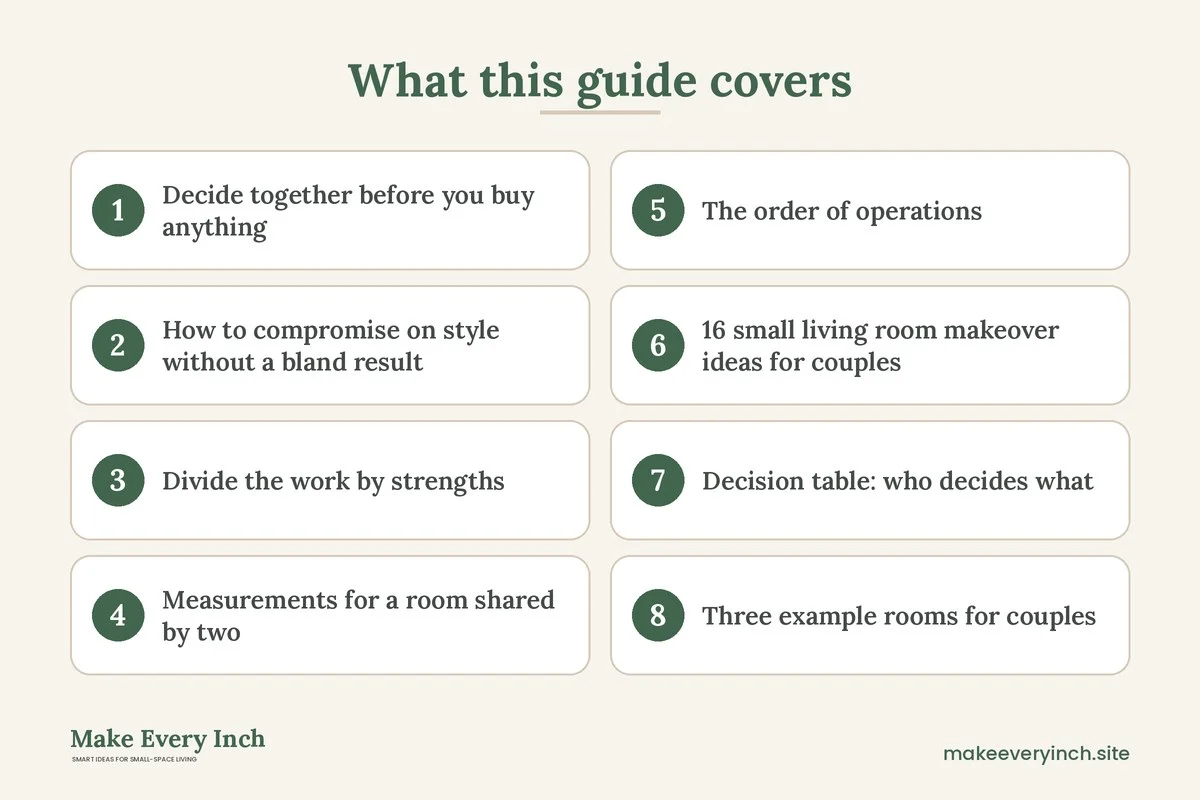 Graphic listing 8 topics covered in: Small Living Room Makeover Ideas for Couples