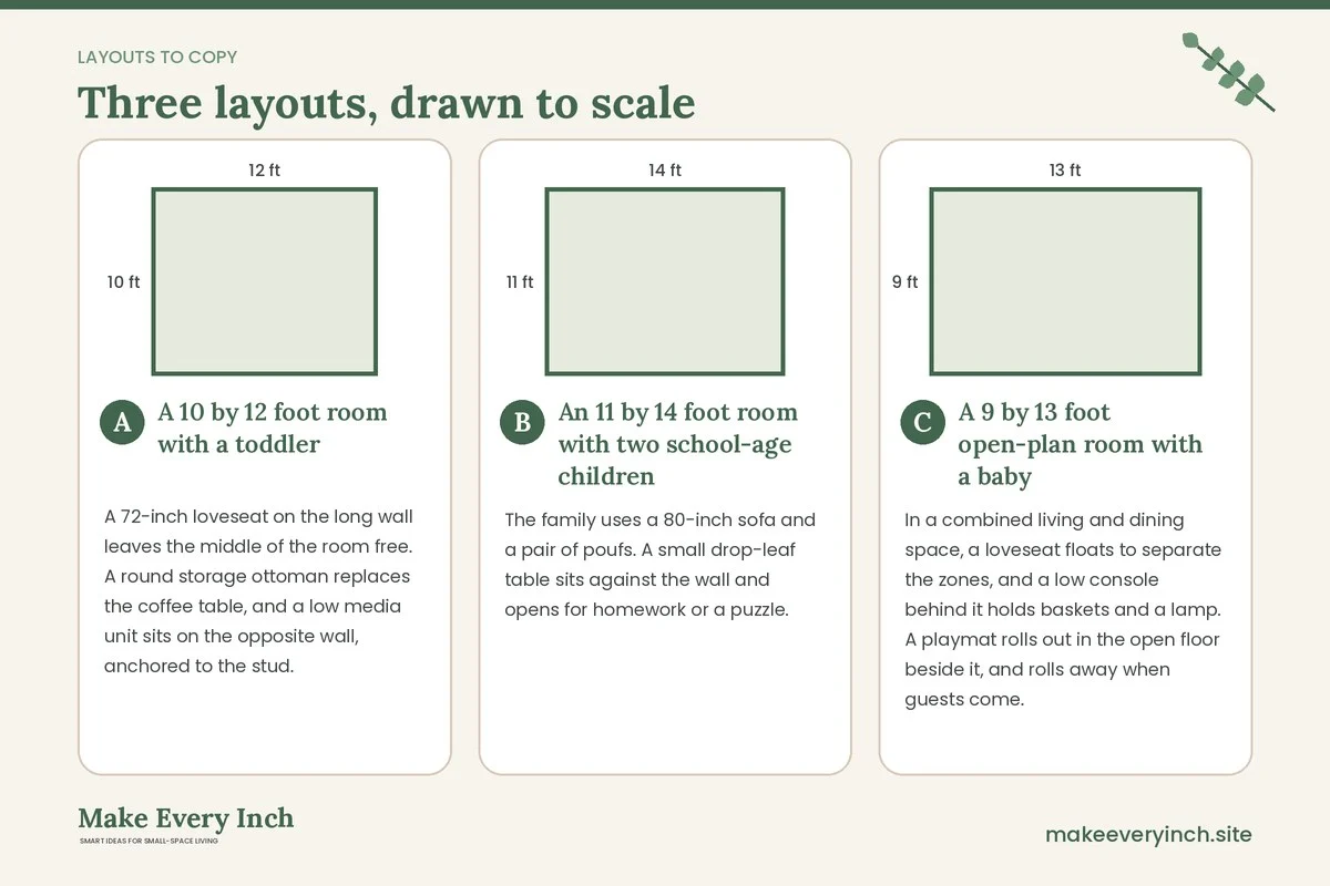 Three room layouts drawn to scale with dimensions and placement notes for: Small Living Room Makeover Ideas for Families