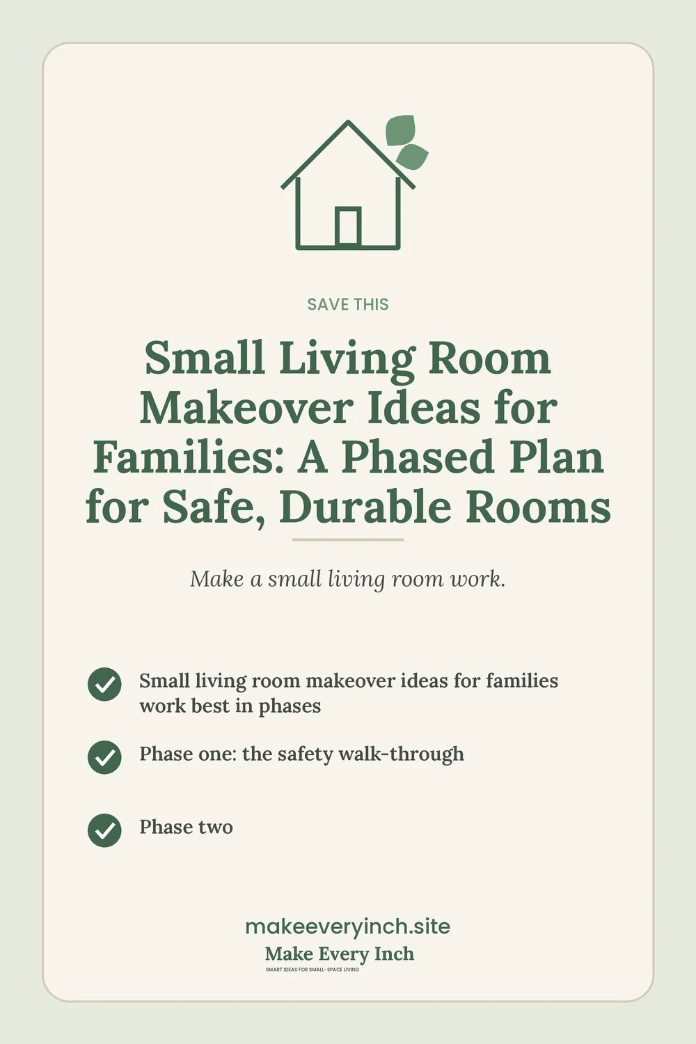 Save-this Pinterest pin with a short checklist for: Small Living Room Makeover Ideas for Families