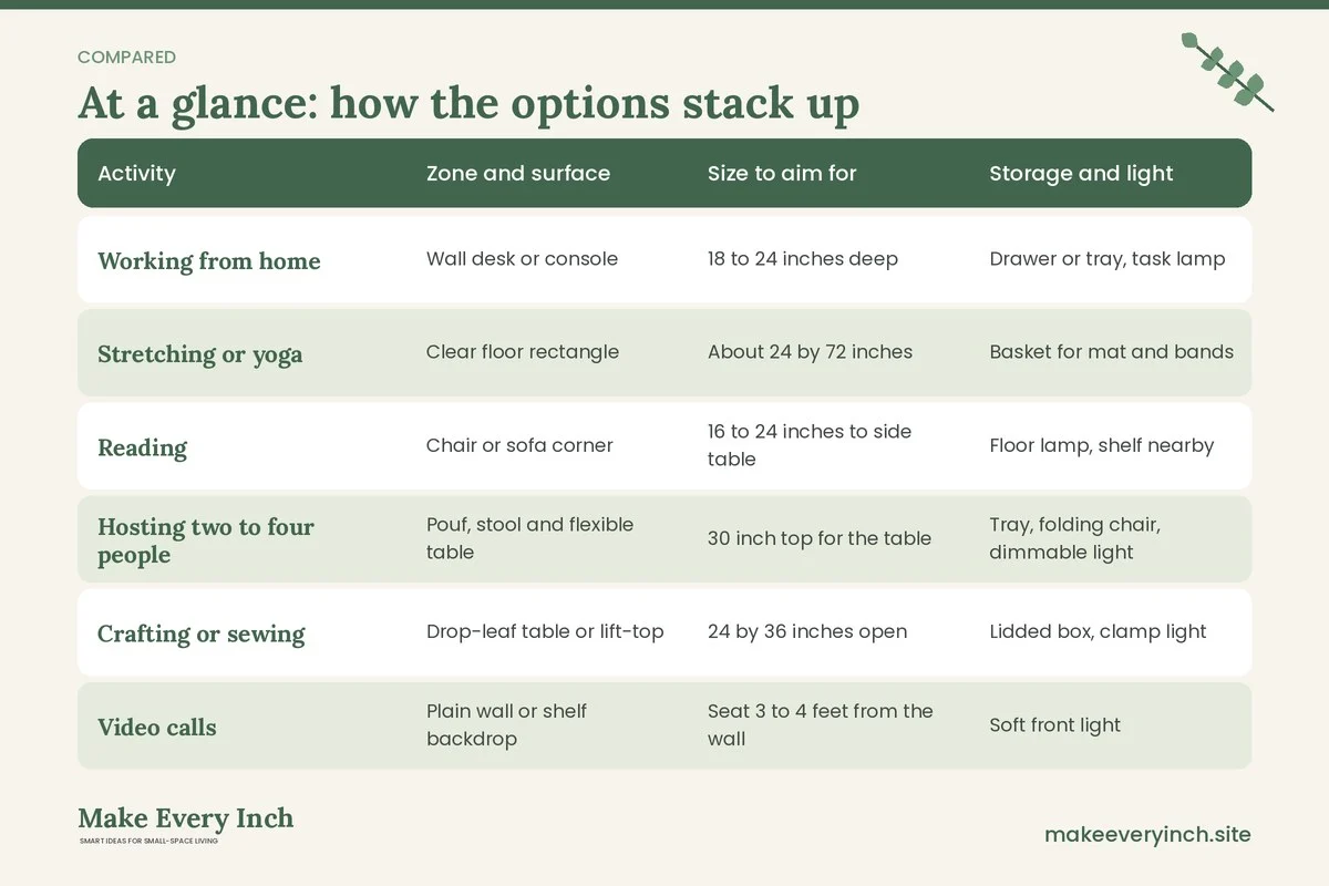 Comparison table of options for: Small Living Room Makeover Ideas for Women (Activity, Zone and surface, Size to aim for, Storage and light)