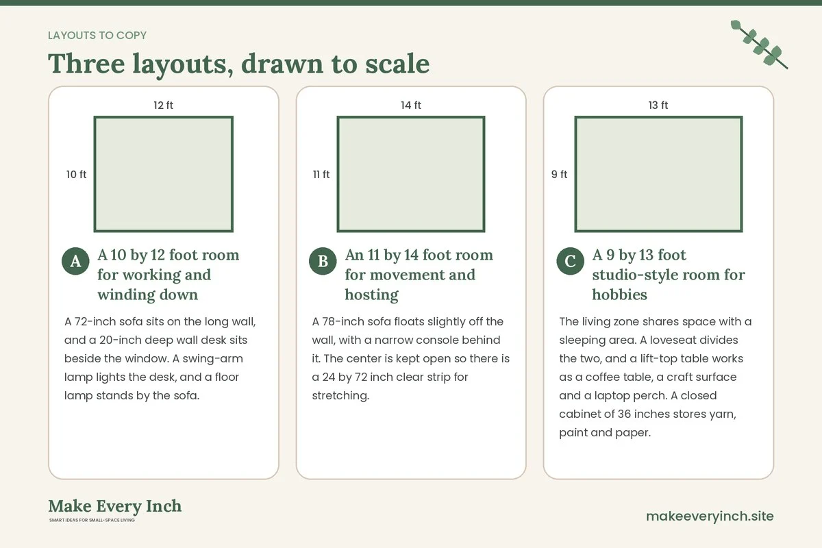 Three room layouts drawn to scale with dimensions and placement notes for: Small Living Room Makeover Ideas for Women